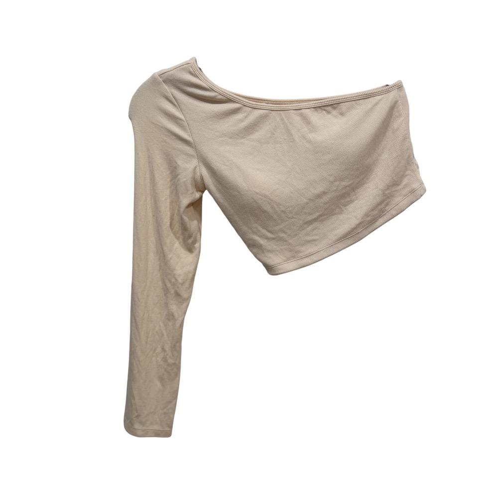 Klassy Network Cream‎ One Shoulder Long Sleeve Ribbed Crop Top Size Medium